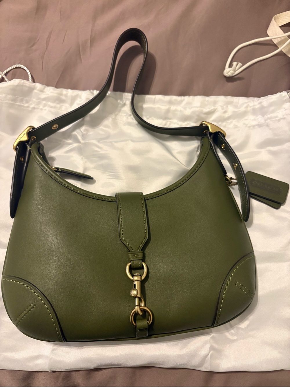 Olive Green Leather Shoulder Bag Coach Hampton Crescent Bag